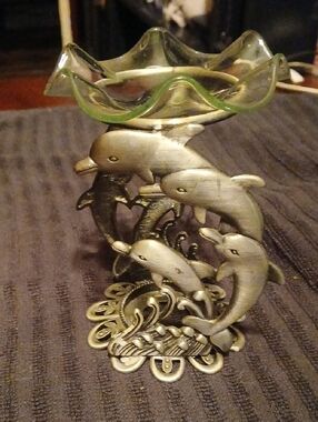 Dolphin Triple-Stack Pewter Oil Warmer with Green Glass Dish